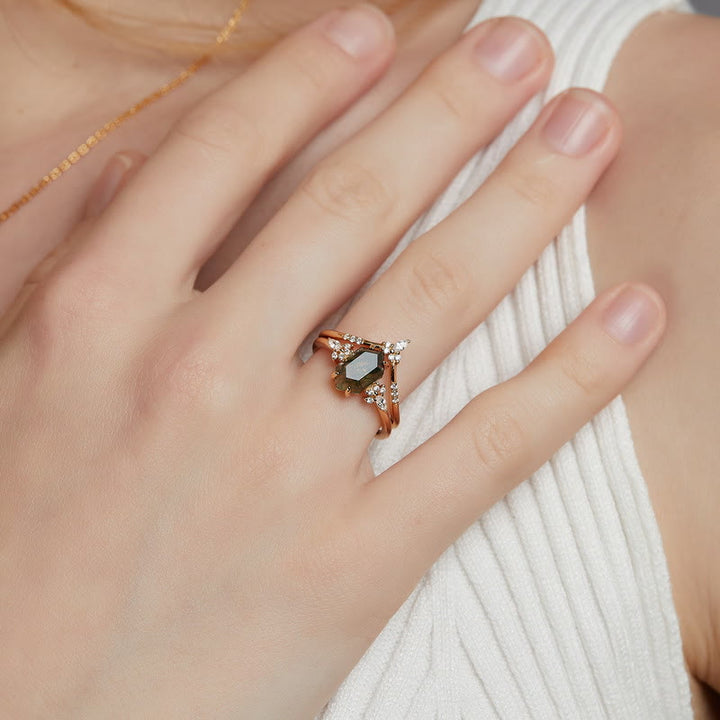 Olivenorma 2Pcs Hexagonal Moss Agate Ring - image 1