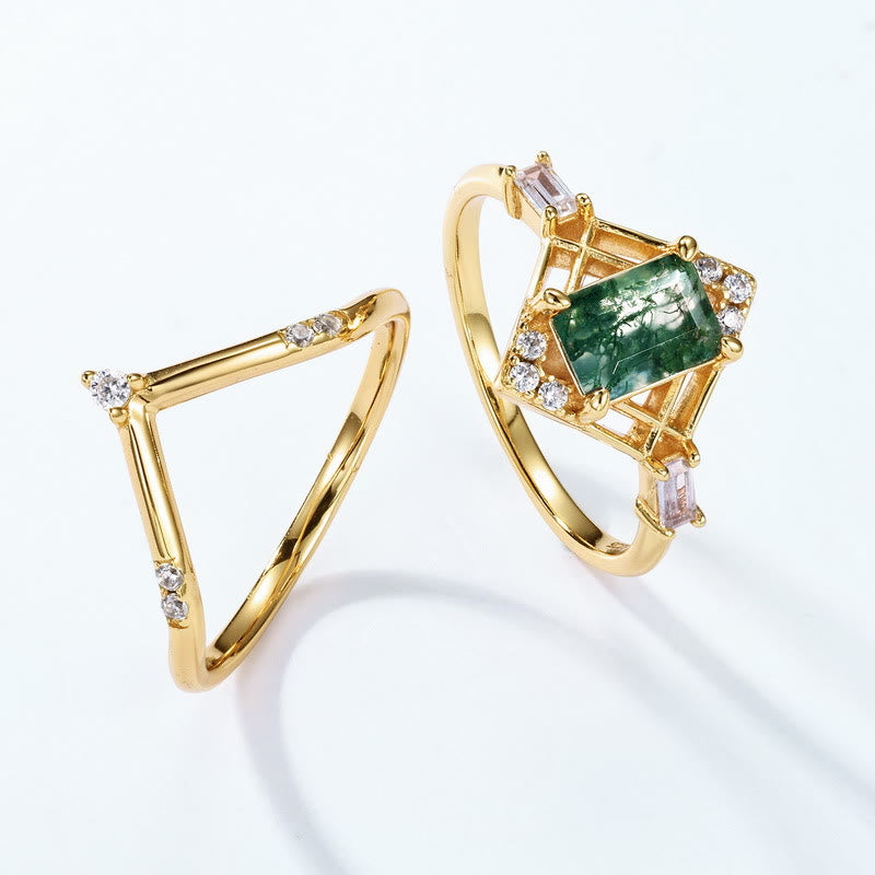Olivenorma 2Pcs Rectangular Moss Agate Hollow Design Ring - image 2