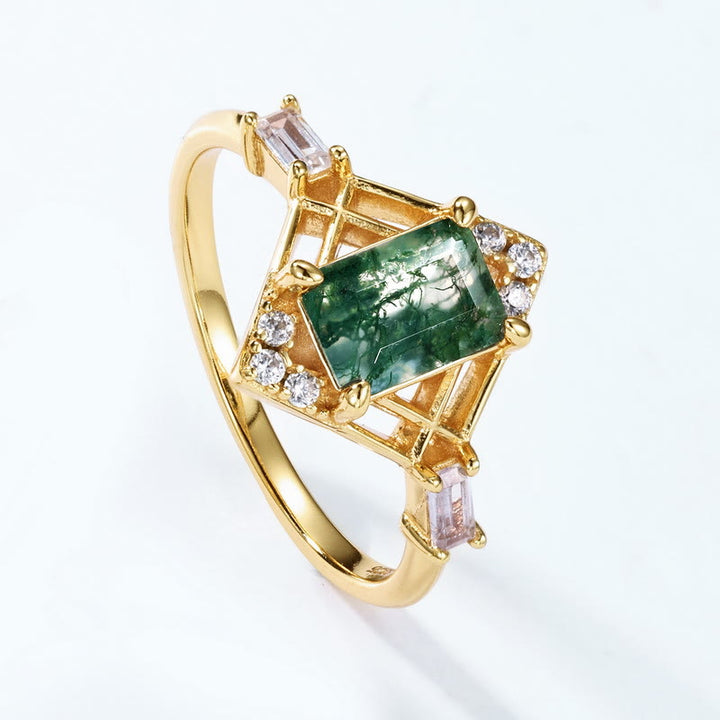 Olivenorma 2Pcs Rectangular Moss Agate Hollow Design Ring - image 3