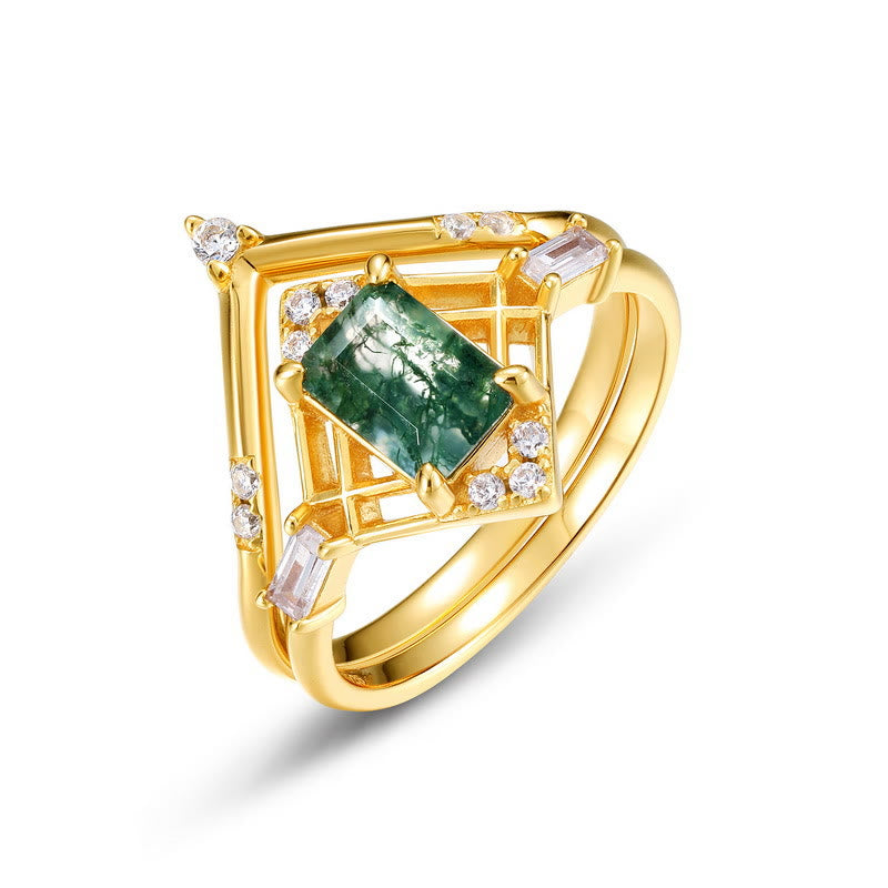 Olivenorma 2Pcs Rectangular Moss Agate Hollow Design Ring - 8 - image 0