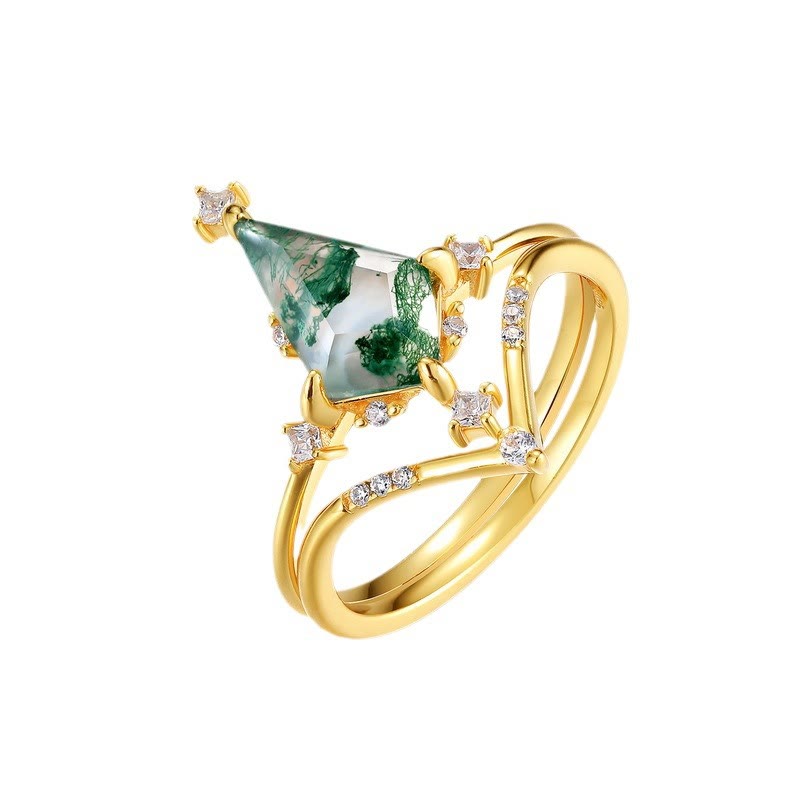 Olivenorma 2Pcs Diamond Moss Agate Crown Design Ring - 8 - image 0
