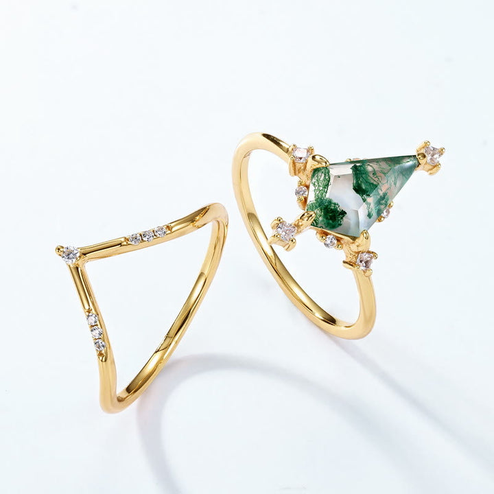 Olivenorma 2Pcs Diamond Moss Agate Crown Design Ring - image 3