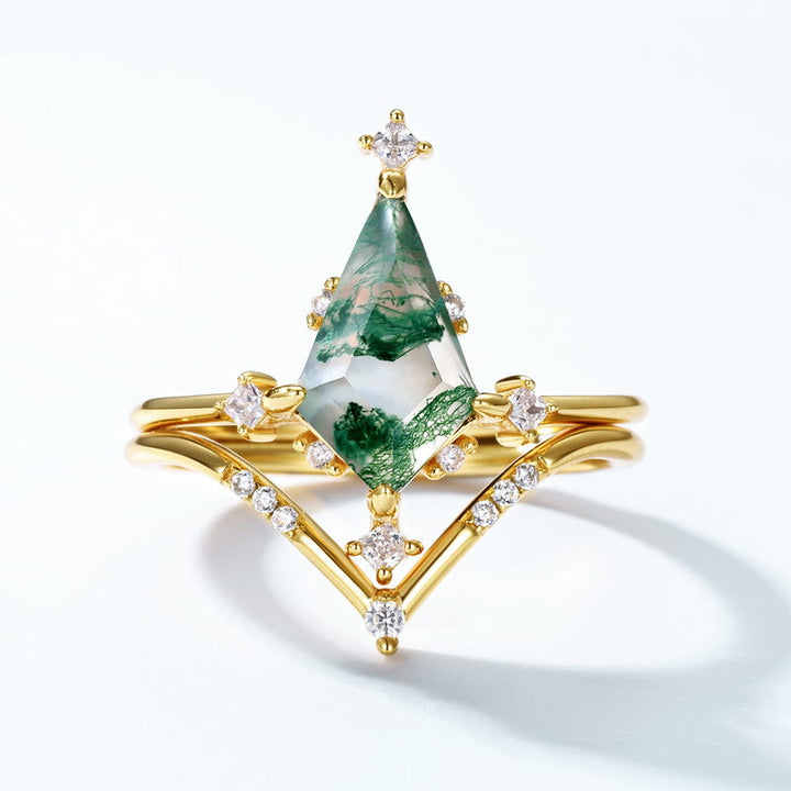 Olivenorma 2Pcs Diamond Moss Agate Crown Design Ring - image 2