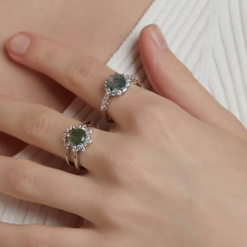 Olivenorma 2Pcs Moss Agate Sunflower Design Ring - image 1