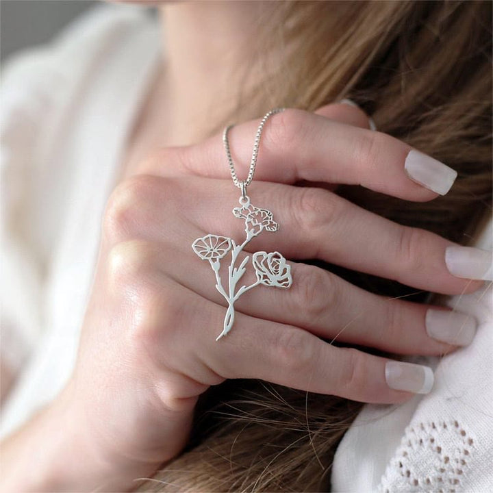 Olivenorma Custom Birth Flowers Stainless Steel Necklace - Silver - 4 Flower - image 1