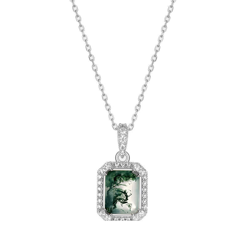 Olivenorma Square Moss Agate White Zircon Necklace - Silver - image 0