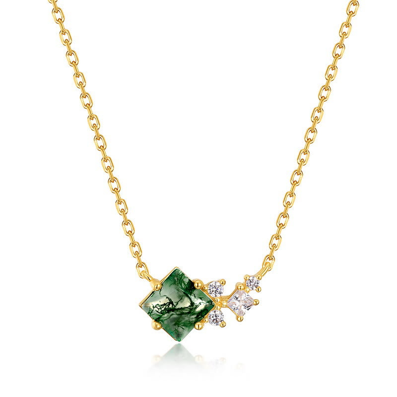 Olivenorma Square Moss Agate Sterling Silver Necklace - Moss Agate & White Zircon - image 0