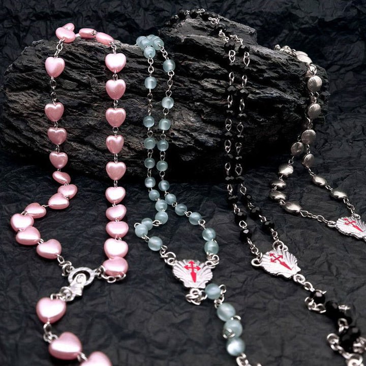 Olivenorma Heart Cat's Eye Stone Rosary Necklace - image 8