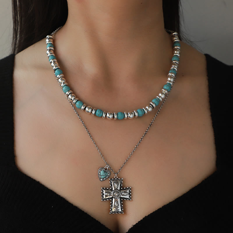Olivenorma Turquoise Heart Cross Pendant Alloy Jewelry Set - Necklace - image 1