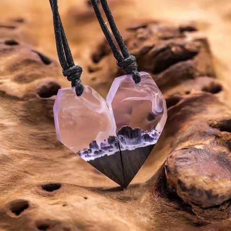 Olivenorma Heart Shape Resin Wood Pendant Necklace Set - Purple - image 4