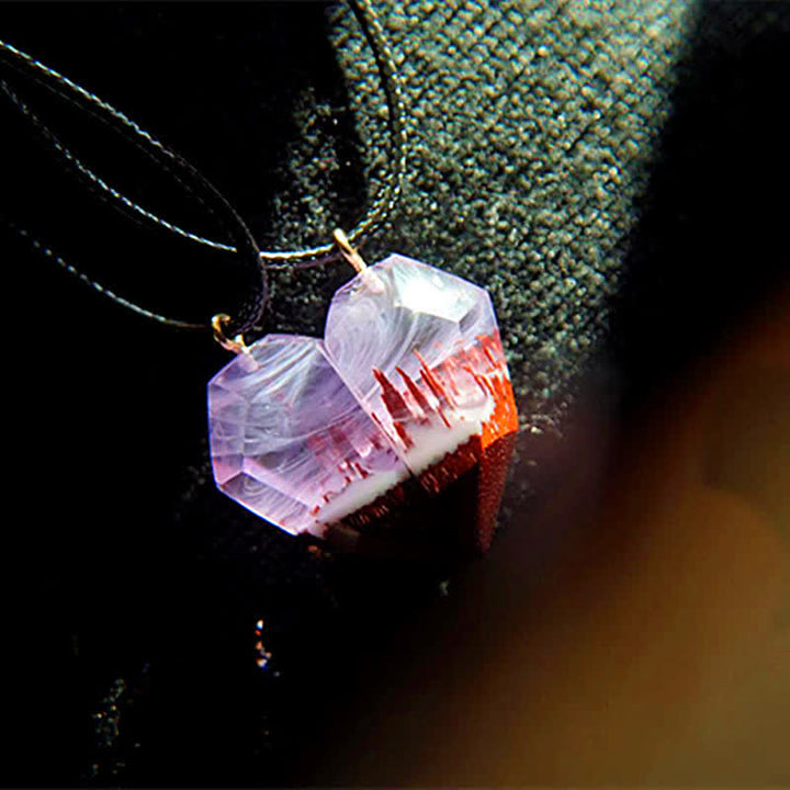 Olivenorma Heart Shape Resin Wood Pendant Necklace Set - Pink - image 3