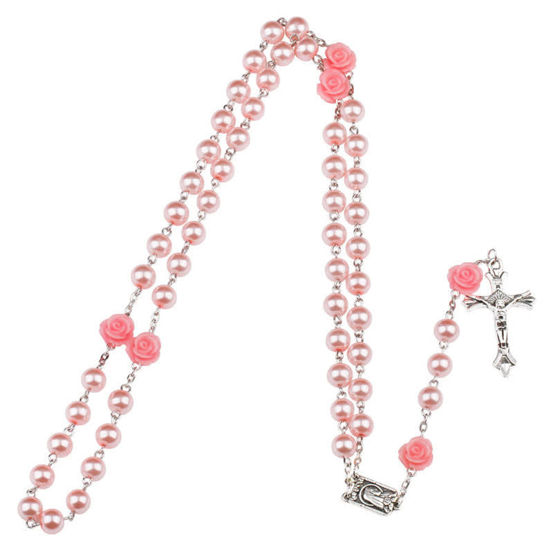 Olivenorma Pink Rose With Lourdes Medal Rosary Necklace - image 3