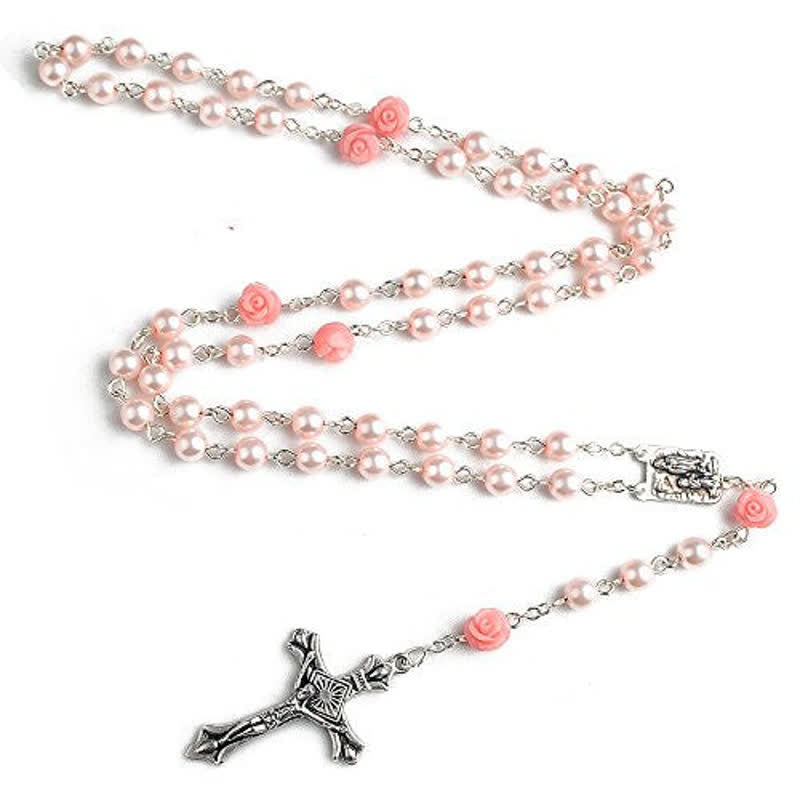 Olivenorma Pink Rose With Lourdes Medal Rosary Necklace - image 5
