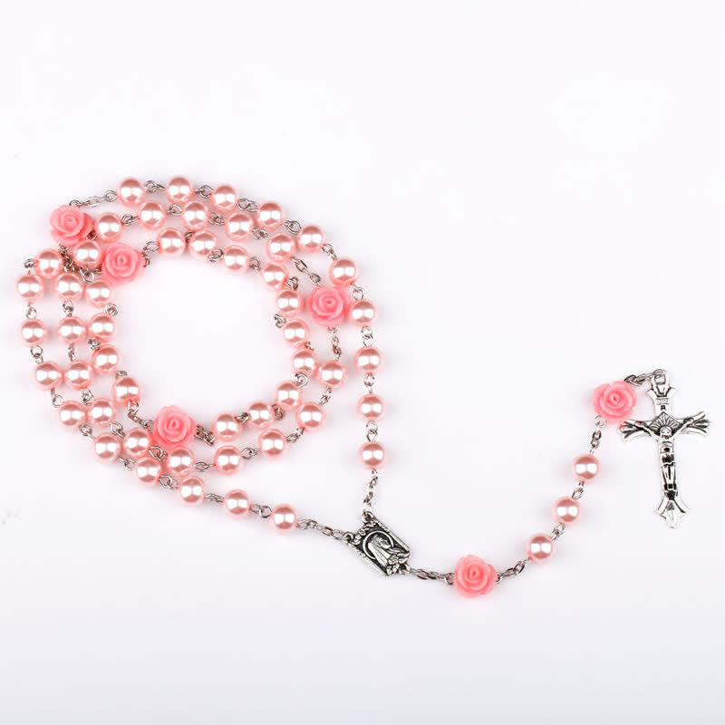 Olivenorma Pink Rose With Lourdes Medal Rosary Necklace - image 1