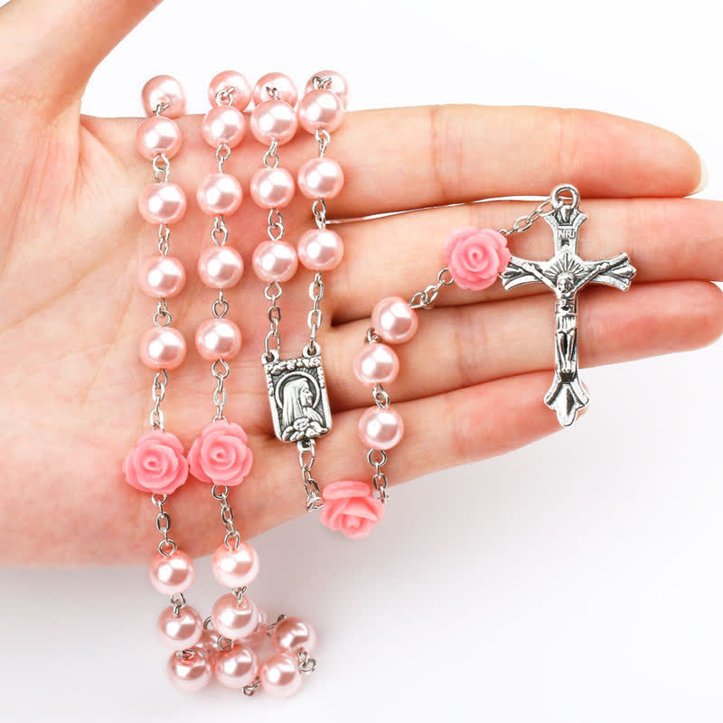 Olivenorma Pink Rose With Lourdes Medal Rosary Necklace - Pink - image 0