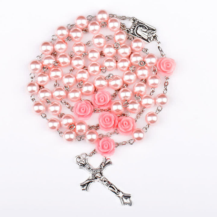 Olivenorma Pink Rose With Lourdes Medal Rosary Necklace - image 2