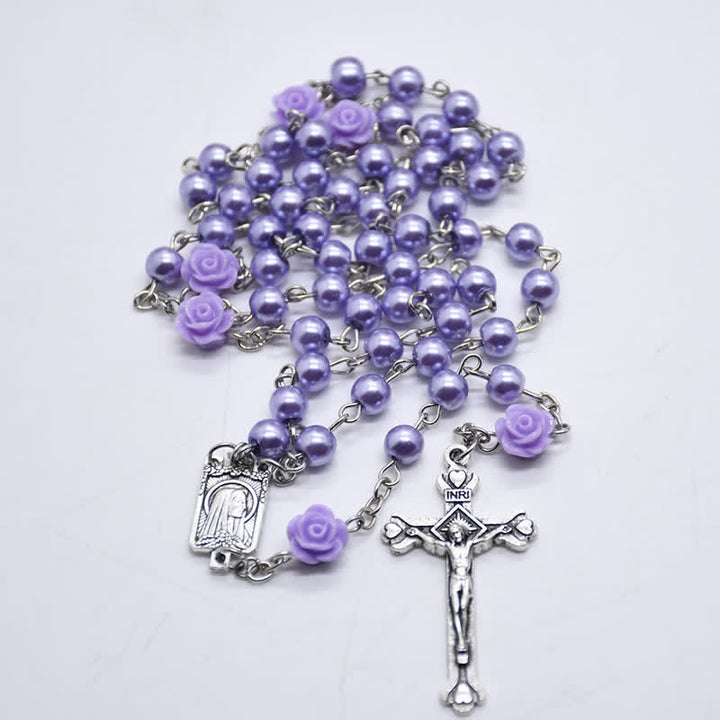 Olivenorma Pink Rose With Lourdes Medal Rosary Necklace - Light Purple - image 12