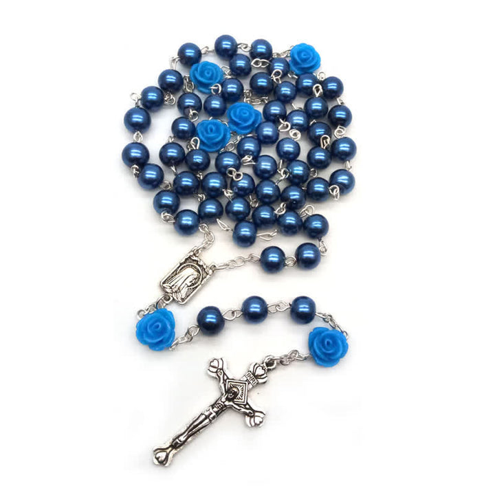 Olivenorma Pink Rose With Lourdes Medal Rosary Necklace - Royal Blue - image 10