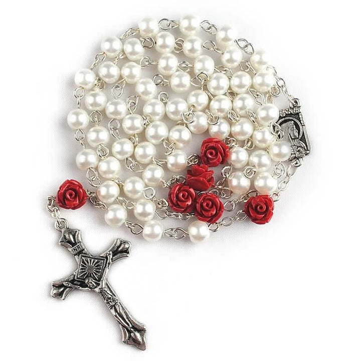 Olivenorma White Glass Beads Red Rose Rosary Necklace - White - image 0