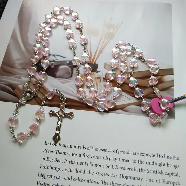 Olivenorma Pink Acrylic Heart Beaded Cross Rosary Necklace - image 1
