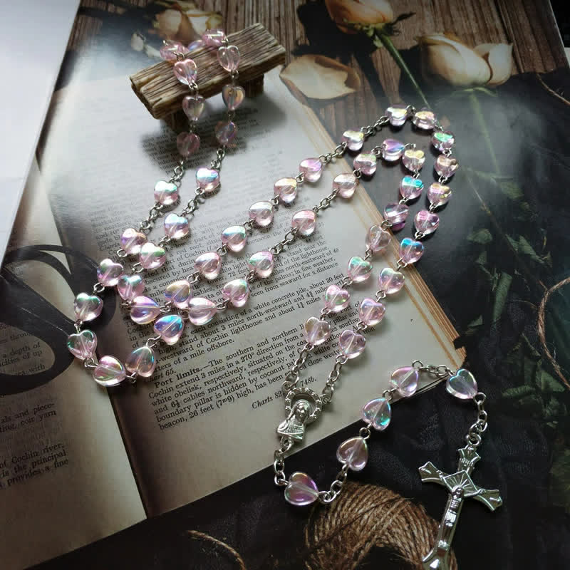 Olivenorma Pink Acrylic Heart Beaded Cross Rosary Necklace - image 3