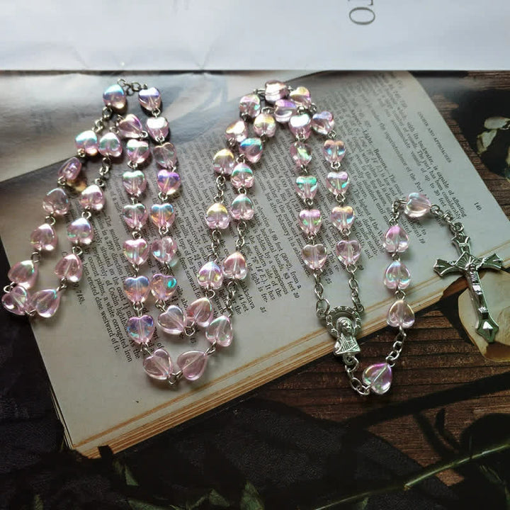 Olivenorma Pink Acrylic Heart Beaded Cross Rosary Necklace - image 2