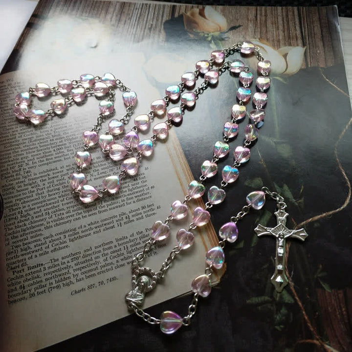 Olivenorma Pink Acrylic Heart Beaded Cross Rosary Necklace - image 4