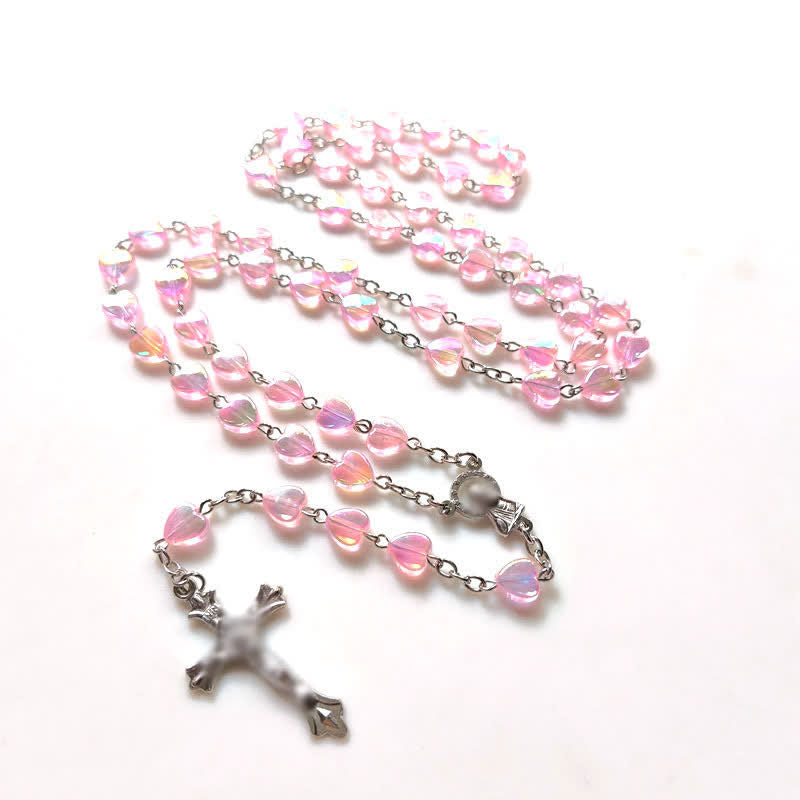 Olivenorma Pink Acrylic Heart Beaded Cross Rosary Necklace - image 6