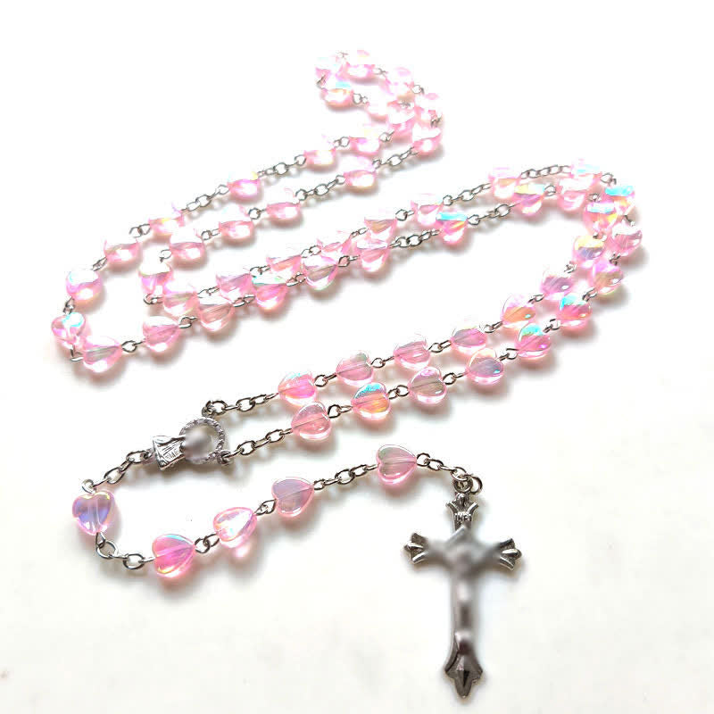 Olivenorma Pink Acrylic Heart Beaded Cross Rosary Necklace - image 7