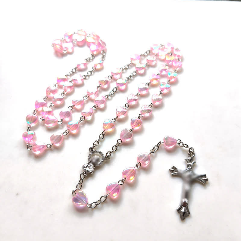 Olivenorma Pink Acrylic Heart Beaded Cross Rosary Necklace - image 8