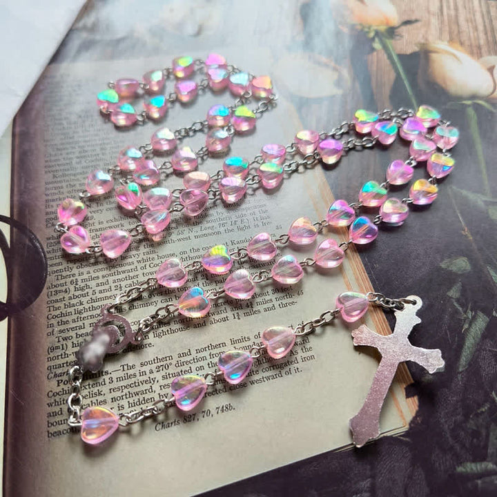 Olivenorma Pink Acrylic Heart Beaded Cross Rosary Necklace - image 5