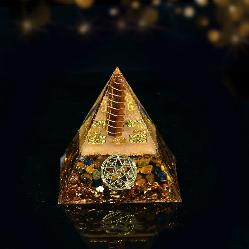 Olivenorma Five Elements Metal Wood Water Fire Earth Orgone Pyramid - Earth-Tiger Eye - 8cm*8cm - image 17