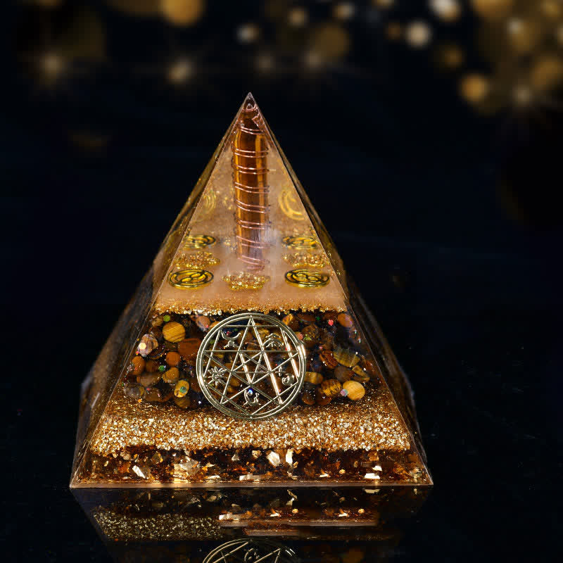 Olivenorma Five Elements Metal Wood Water Fire Earth Orgone Pyramid - Earth-Tiger Eye - 12cm*12cm - image 18