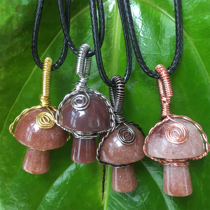Olivenorma Hand Wound Natural Crystal Mushroom Necklace - Strawberry Quartz - Rose Gold - image 1