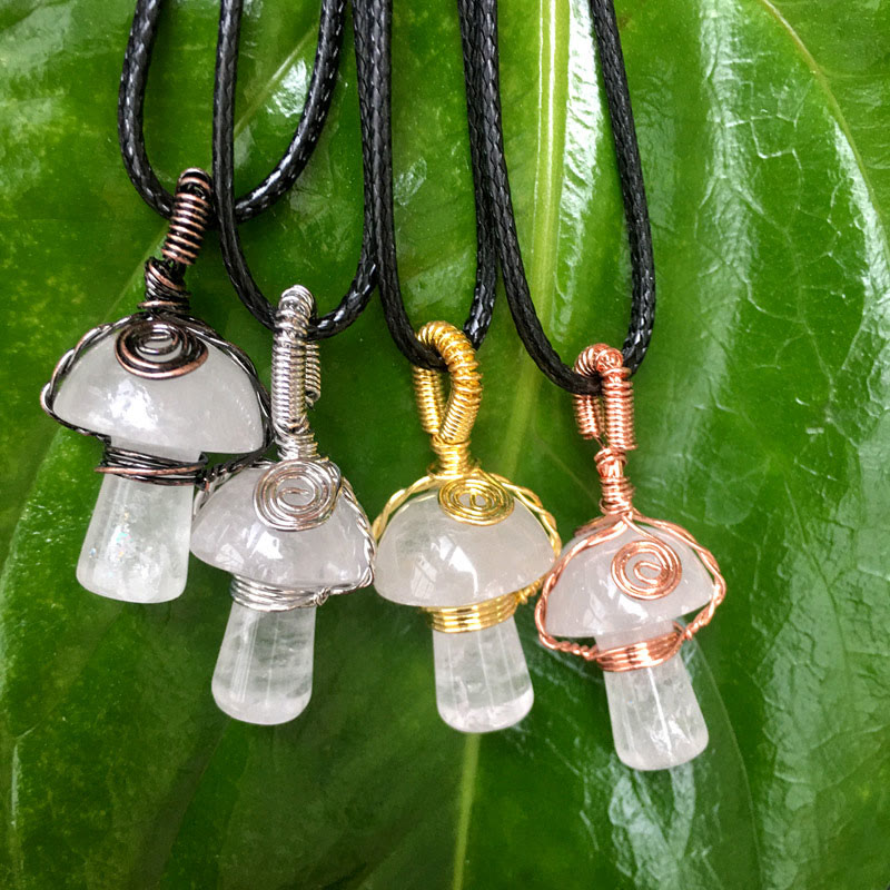 Olivenorma Hand Wound Natural Crystal Mushroom Necklace - Clear Crystal - Rose Gold - image 29