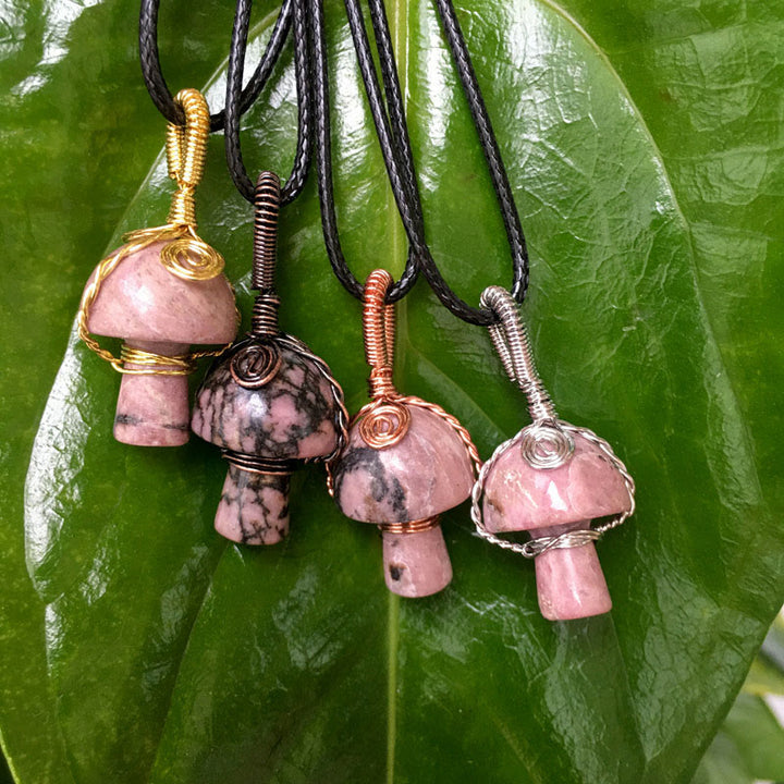 Olivenorma Hand Wound Natural Crystal Mushroom Necklace - Rhodonite - Rose Gold - image 11