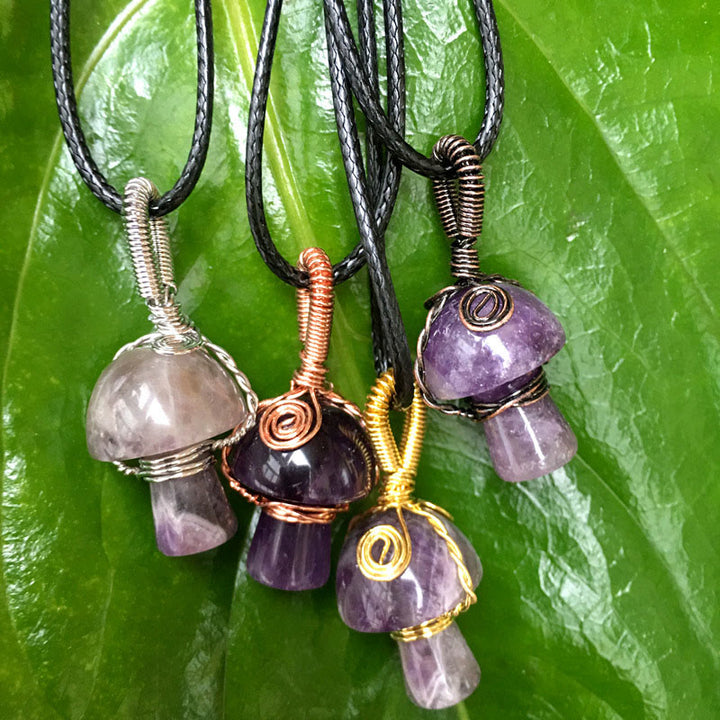 Olivenorma Hand Wound Natural Crystal Mushroom Necklace - Amethyst - Rose Gold - image 35