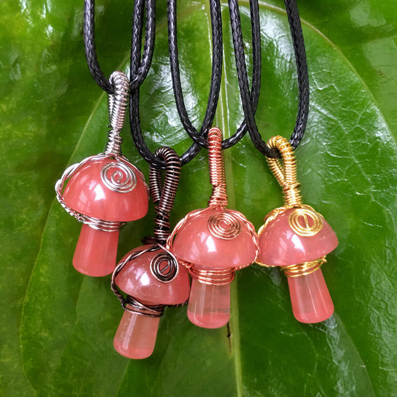 Olivenorma Hand Wound Natural Crystal Mushroom Necklace - Pink Quartz - Rose Gold - image 22