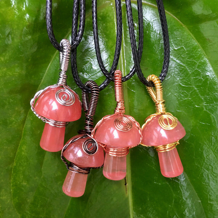 Olivenorma Hand Wound Natural Crystal Mushroom Necklace - Pink Quartz - Rose Gold - image 22
