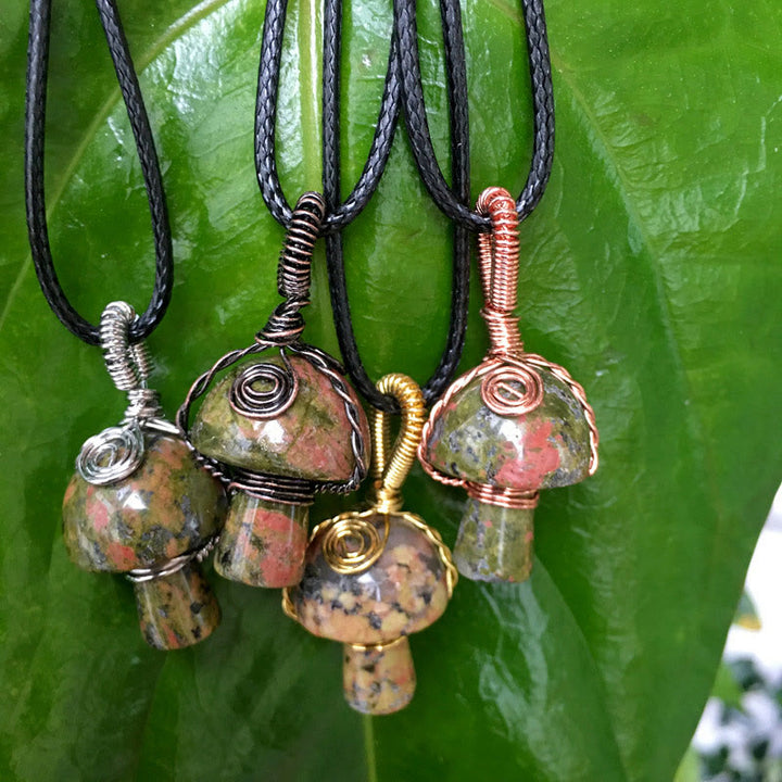 Olivenorma Hand Wound Natural Crystal Mushroom Necklace - Unikite - Rose Gold - image 31