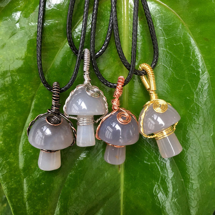 Olivenorma Hand Wound Natural Crystal Mushroom Necklace - Grey Agate - Rose Gold - image 45