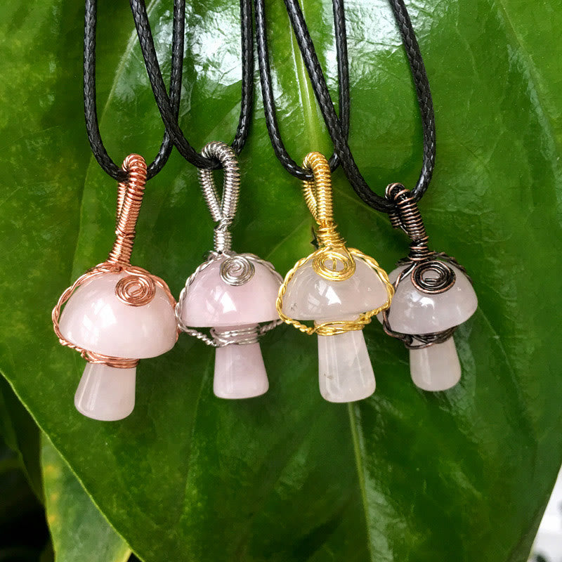 Olivenorma Hand Wound Natural Crystal Mushroom Necklace - Rose Quartz - Rose Gold - image 25
