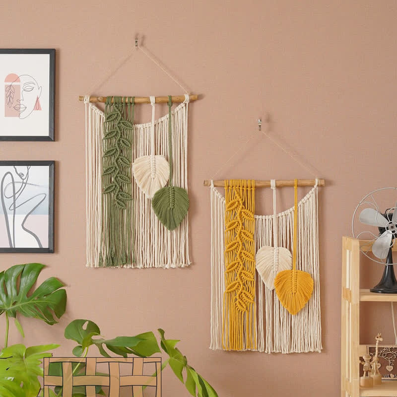 Olivenorma Handwoven Yellow Green Leaves Tassel Wall Decor - image 0