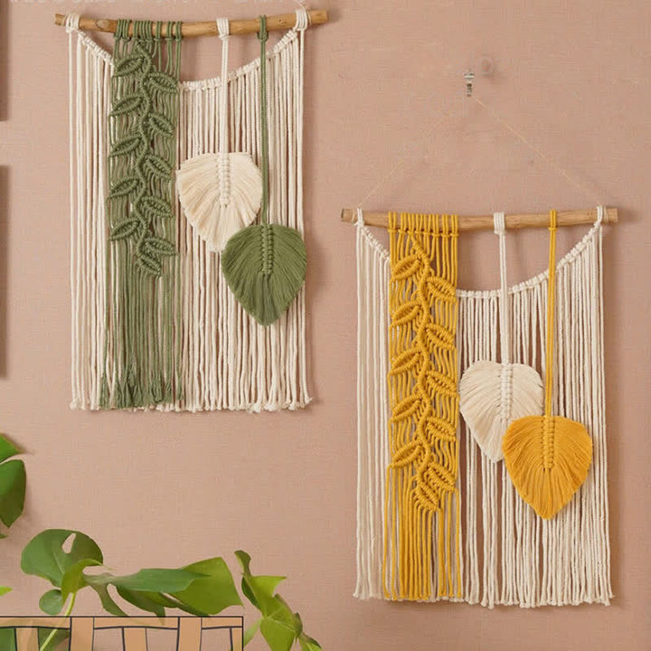 Olivenorma Handwoven Yellow Green Leaves Tassel Wall Decor - image 3