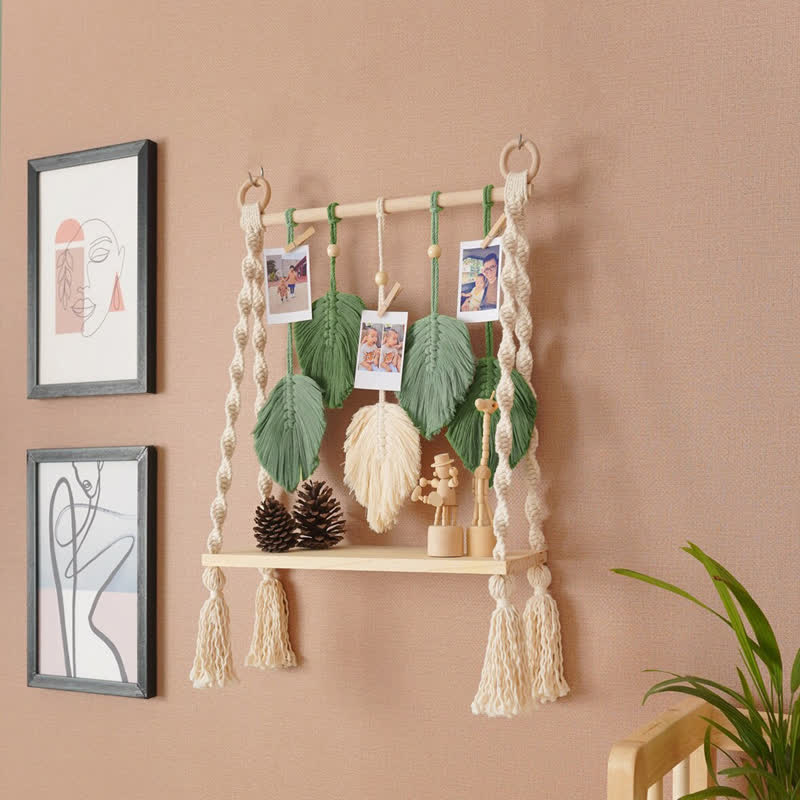 Olivenorma Weave Wood Shelf Storage Rack Wall Decor - Green Leaves (66*39cm) - image 0