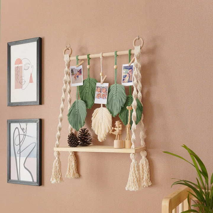Olivenorma Weave Wood Shelf Storage Rack Wall Decor - Green Leaves (66*39cm) - image 0