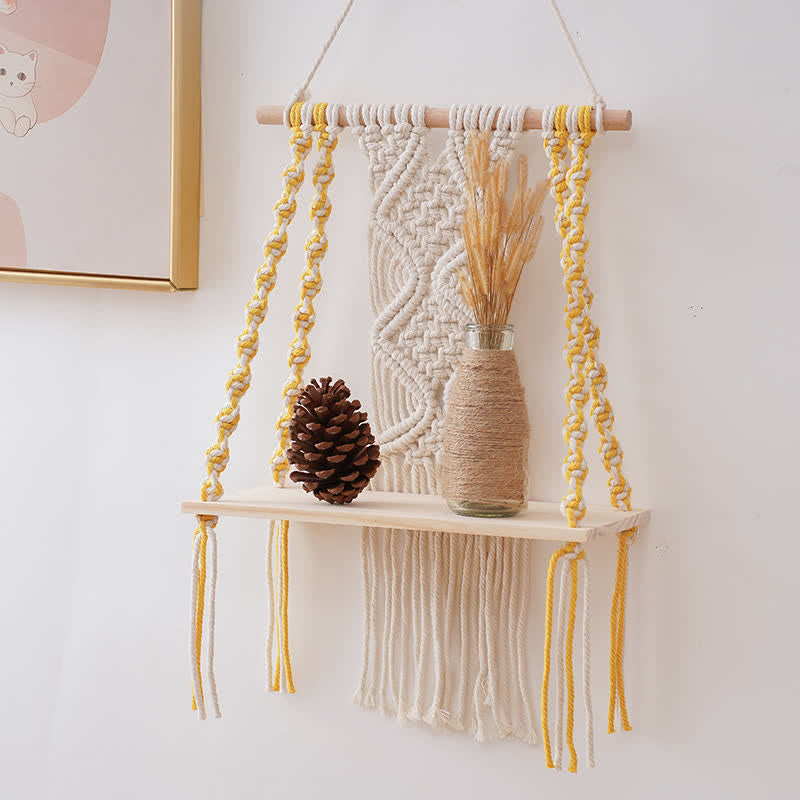 Olivenorma Handwoven Tapestry Wood Shelf Wall Decor - White&Yellow - 30*50cm - image 9