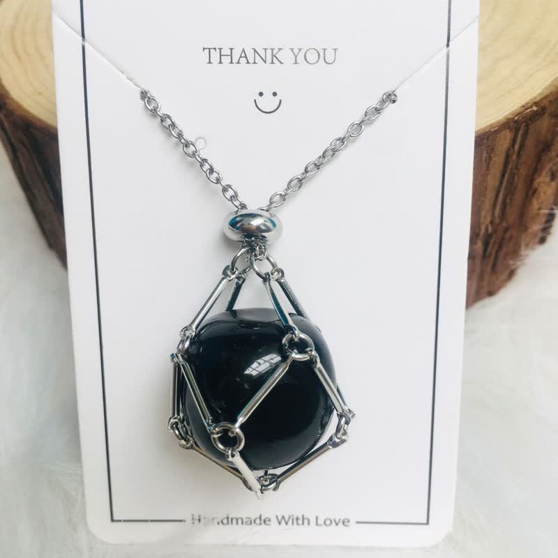 Olivenorma Small Natural Crystal Stone Pouch Necklace - Obsidian - Silver - image 25