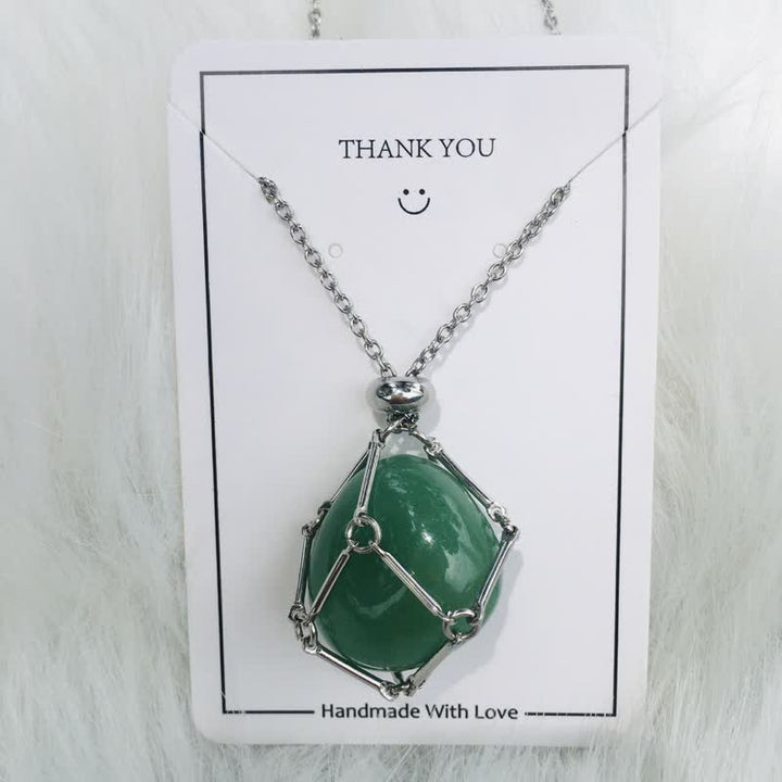 Olivenorma Small Natural Crystal Stone Pouch Necklace - Green Aventurine - Silver - image 4