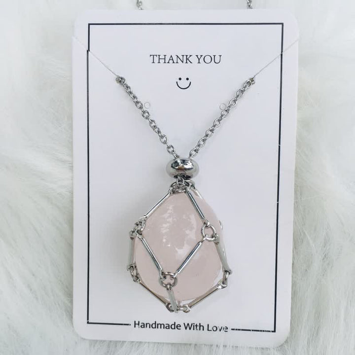 Olivenorma Small Natural Crystal Stone Pouch Necklace - Rose Quartz - Silver - image 1